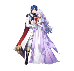 Rule 34 | 1boy, 1girl, absurdres, azu-taro, ballgown, ballroom dress, ballroom gown, black footwear, blue eyes, blue hair, boots, cape, chalice, closed mouth, commentary request, couple, cup, deirdre (fire emblem), deirdre (masquerade) (fire emblem), dress, fire emblem, fire emblem: genealogy of the holy war, fire emblem heroes, full body, gloves, gradient clothes, gradient dress, highres, holding, husband and wife, knee boots, light purple hair, long dress, long hair, long sleeves, looking at viewer, nintendo, official art, pants, purple eyes, short hair, sigurd (fire emblem), sigurd (masquerade) (fire emblem), smile, standing, white background, white dress, white gloves, white pants