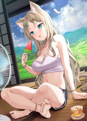 Rule 34 | 1girl, akino ell, animal ear fluff, animal ears, armpit crease, bare arms, bare legs, bare shoulders, barefoot, black shorts, bracelet, breasts, camisole, cat ears, cat girl, cat tail, crop top, day, dolphin shorts, electric fan, food, furin, hair ornament, hairclip, halter shirt, halterneck, highres, holding, hot, indian style, jewelry, long hair, medium breasts, midriff, navel, open mouth, original, popsicle, ribbed shirt, shirt, short shorts, shorts, sitting, sleeveless, sleeveless shirt, solo, spaghetti strap, stomach, strap gap, sunlight, sweat, tail, thighs, veranda, watermelon bar, white shirt