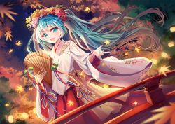 Rule 34 | 1girl, aqua eyes, aqua hair, autumn leaves, floating hair, folding fan, hand fan, hatsune miku, head wreath, highres, japanese clothes, lalazyt, leaf, long hair, maple leaf, night, open mouth, outdoors, revision, solo, twintails, very long hair, vocaloid