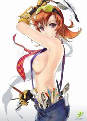 Rule 34 | 1girl, armpits, breasts, eraser, gloves, highres, large breasts, marker, ming, naked suspenders, necktie, orange hair, original, paintbrush, painttool sai, pen, pencil, pencil crayon, personification, purple eyes, revealing clothes, sai (softare), solo, sunglasses, suspenders, tombow mono, topless