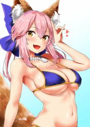 Rule 34 | 1girl, :d, animal ears, arm up, bare arms, bikini, bikini top only, blue bikini, blue bow, blush, bow, breasts, cleavage, fang, fate/grand order, fate (series), fox ears, fox girl, fox tail, hair bow, heart, highres, jewelry, large breasts, looking at viewer, navel, necklace, open mouth, panties, pink hair, side-tie panties, skindentation, smile, solo, stomach, swimsuit, tail, tamamo (fate), tamamo no mae (fate/extra), tamamo no mae (swimsuit lancer) (fate), underboob, underwear, upper body, yellow eyes