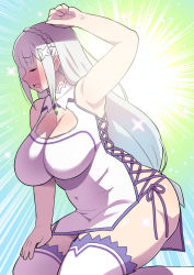 Rule 34 | 1girl, arm up, armpits, bare arms, blush, breasts, cleavage, cleavage cutout, closed eyes, clothing cutout, detached collar, dress, embarrassed, emilia (re:zero), highres, kneeling, large breasts, legs, long hair, open mouth, re:zero kara hajimeru isekai seikatsu, simple background, sitting, sleeveless, solo, tetrodotoxin, thighhighs, thighs, white hair