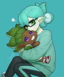 Rule 34 | 1boy, 1girl, aqua background, aqua hair, aqua sweater, black-framed eyewear, black sclera, colored sclera, copyright request, dark-skinned male, dark skin, feet out of frame, glasses, green eyes, green hair, highres, long sleeves, pointy ears, purple eyes, rectangular eyewear, shoes, signature, simple background, size difference, sparrowl, sweater
