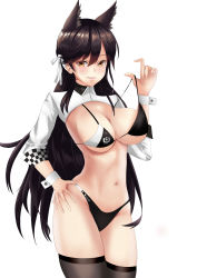 Rule 34 | 1girl, absurdres, animal ears, atago (azur lane), atago (stunning speedster) (azur lane), azur lane, bikini, black bikini, black hair, black thighhighs, bow, breasts, cleavage, extra ears, hand on own hip, highres, jiezai, large breasts, long hair, mole, mole under eye, navel, race queen, ribbon, shrug (clothing), simple background, solo, swept bangs, swimsuit, thighhighs, two-tone bikini, white background, white bow, white ribbon, wrist cuffs