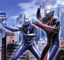 Rule 34 | 2boys, bodysuit, building, city, contrapposto, cowboy shot, day, fighting stance, giant, glowing, glowing eyes, male focus, multiple boys, outdoors, skin tight, skyscraper, standing, ultra series, ultraman agul, ultraman gaia, ultraman gaia (series), yusao