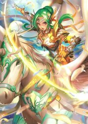 Rule 34 | 1girl, armor, artist request, belt, breastplate, brown eyes, cape, elbow gloves, elincia ridell crimea, feathers, fire emblem, fire emblem: path of radiance, fire emblem cipher, gloves, green hair, hair bun, hair up, highres, holding, holding weapon, horseback riding, looking at viewer, nintendo, official art, open mouth, outdoors, pauldrons, pegasus, pegasus knight uniform (fire emblem), riding, scan, shoulder armor, single hair bun, solo, sword, tiara, weapon, wings