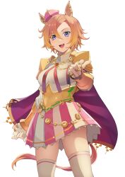 Rule 34 | 1girl, absurdres, animal ears, armor, breasts, cape, corset, cowboy shot, crown, hair between eyes, highres, horse ears, horse girl, horse tail, jewelry, kanpiro, mini crown, miniskirt, multiple rings, open mouth, orange hair, pink cape, pointing, pointing at viewer, purple eyes, ring, shirt, short hair, shoulder armor, simple background, skirt, small breasts, smile, solo, t.m. opera o (umamusume), tail, thighhighs, umamusume, white background, white shirt, white thighhighs
