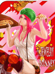 Rule 34 | 1girl, breasts, character name, cleavage, eating, female focus, food, hat, highres, jewelry bonney, lipstick, makeup, one piece, patterned legwear, pink hair, pizza, sabaody archipelago, shorts, sitting, solo, striped clothes, striped shorts, suspenders, thighhighs
