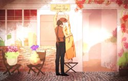 Rule 34 | 1boy, 1girl, absurdres, arms up, artist name, cesurarts, chair, flower, flower pot, from behind, height difference, highres, interlocked fingers, original, overexposure, ponytail, shop, signature, standing, tiptoes