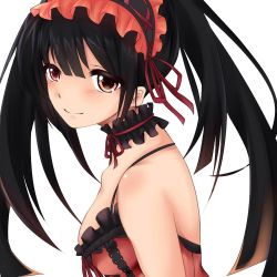 Rule 34 | 10s, 1girl, arms at sides, bad id, bad pixiv id, black hair, breasts, date a live, dress, frills, from side, hair between eyes, hairband, heterochromia, izanagi k (twilight crow), light smile, lolita fashion, lolita hairband, long hair, looking at viewer, off shoulder, red dress, red eyes, simple background, smile, solo, tokisaki kurumi, twintails, yellow eyes