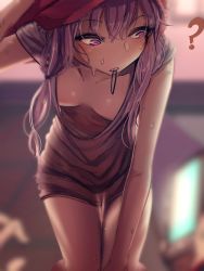 Rule 34 | 1girl, at2., bent over, blurry, breasts, depth of field, downblouse, foreshortening, highres, long hair, no bra, no pants, purple eyes, purple hair, sleeveless, small breasts, solo, sweat, teeth, vocaloid, voiceroid, yuzuki yukari