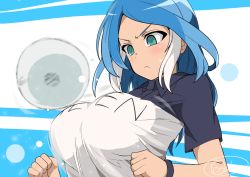 Rule 34 | 1girl, ball, blush, bouncing breasts, breasts, clenched hands, closed mouth, female focus, focused, green eyes, hands up, inazuma eleven, inazuma eleven (series), large breasts, light blush, motion lines, multicolored hair, oda koziki, short hair, signature, simple background, solo, sweatdrop, two-tone background, two-tone hair, two-tone shirt, uniform, upper body, urubida