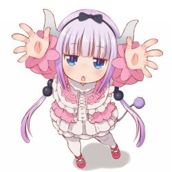 Rule 34 | 1girl, :o, beads, blunt bangs, blush, capelet, dragon girl, dragon horns, dragon tail, dress, frilled dress, frills, full body, hair beads, hair ornament, hairband, half-closed eyes, hondarai, horns, kanna kamui, kobayashi-san chi no maidragon, light purple hair, long sleeves, looking at viewer, open mouth, outstretched arms, pov, reaching, reaching towards viewer, simple background, solo, tail, thighhighs, white background, white thighhighs