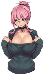 Rule 34 | 1girl, :3, breasts, choker, cleavage, clothes pull, collarbone, green eyes, houtengeki, large breasts, looking at viewer, no legs, original, pink hair, pointy ears, ponytail, ribbed sweater, short hair, simple background, skull, solo, sweater, sweater pull, upper body, white background