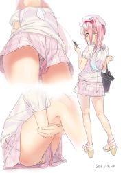 Rule 34 | 10s, 1girl, 2016, ahoge, ama mitsuki, arms behind back, artist name, bag, bare legs, beret, blue hair, blurry, breasts, cellphone, commentary, contrapposto, culottes, dated, depth of field, flower, from behind, from below, gradient hair, hair flower, hair ornament, hair ribbon, harusame (kancolle), hat, high heels, holding, holding bag, holding phone, hugging own legs, kantai collection, kneepits, legs, long hair, looking at phone, multicolored hair, multiple views, necktie, panties, pantyshot, patterned clothing, phone, pink hair, pink shorts, pocket, ribbon, shirt, shoes, short sleeves, shorts, side ponytail, simple background, sitting, small breasts, standing, strappy heels, toeless footwear, underwear, upshorts, w arms, white background, white hat, white necktie, white panties, white shirt