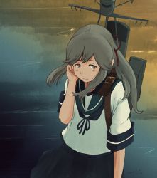 Rule 34 | belt, blue sailor collar, blue skirt, brown eyes, closed mouth, cloud, cloudy sky, commentary request, dated, grey hair, hair ribbon, hand on own cheek, hand on own face, highres, kantai collection, kuragare, long hair, looking at viewer, machinery, ocean, pleated skirt, ponytail, red ribbon, ribbon, rigging, sailor collar, school uniform, serafuku, short sleeves, sidelocks, skirt, sky, solo, usugumo (kancolle)