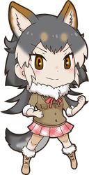 Rule 34 | 1girl, animal ears, black hair, blush, breasts, brown eyes, brown footwear, brown shirt, chibi, dot nose, eyelashes, female focus, fluffy collar, full body, kemono friends, looking at viewer, mexican wolf (kemono friends), miniskirt, official art, red skirt, shirt, skirt, small breasts, smile, solo, standing, tail, white hair, wolf ears, wolf girl, wolf tail, yoshizaki mine