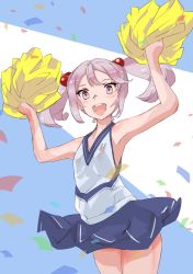 Rule 34 | 1girl, :d, alternate costume, blue skirt, cheerleader, confetti, cowboy shot, hair bobbles, hair ornament, kantai collection, looking at viewer, open mouth, pink eyes, pink hair, pleated skirt, pom pom (cheerleading), sazanami (kancolle), short hair, skirt, sleeveless, smile, solo, twintails, yamaioni (sasakama)