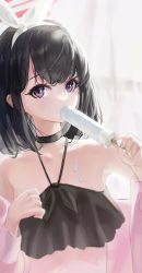 Rule 34 | 1girl, absurdres, bikini, black hair, blue archive, blurry, blurry background, bow, bow hairband, covered mouth, depth of field, food, food on body, frilled bikini, frills, hairband, halo, highres, holding, holding food, jacket, jacket over swimsuit, light blush, looking at viewer, mashiro (blue archive), mashiro (swimsuit) (blue archive), off shoulder, open clothes, open jacket, pink jacket, popsicle, purple eyes, serie niai, short hair, solo, sweat, swimsuit, upper body, white bow, white hairband, winged halo