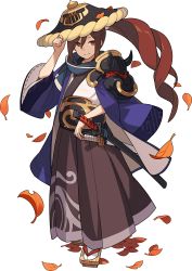 Rule 34 | 1boy, adjusting clothes, adjusting headwear, armor, artist request, autumn leaves, belt, black hat, blue scarf, brown footwear, brown hair, brown hakama, closed mouth, full body, hair tie, hakama, hakama pants, hand up, haori, happy, hat, high ponytail, highres, japanese clothes, katana, kimono, leaf, long hair, long sleeves, looking to the side, male focus, non-web source, official art, pants, red eyes, sandals, scarf, sheath, sheathed, shoulder armor, shoulder spikes, sidelocks, simple background, smile, socks, solo, soushiro (world flipper), spikes, standing, sword, tabi, transparent background, weapon, white kimono, white socks, wide sleeves, world flipper