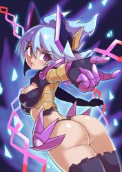 Rule 34 | 1girl, alternate form, ass, azure striker gunvolt, blue hair, breasts, cougar (cougar1404), from behind, gloves, headgear, large breasts, long hair, looking at viewer, looking back, luminous avenger ix, multicolored hair, open mouth, purple eyes, purple hair, roro (gunvolt), shiny skin, sideboob, solo, thighhighs, thong