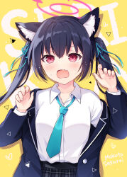 Rule 34 | 1girl, animal ear fluff, animal ears, black hair, black jacket, blue archive, blue necktie, blue ribbon, blush, breasts, cat ears, character name, collared shirt, commentary request, dress shirt, fang, grey skirt, hair between eyes, hair ribbon, halo, hands up, highres, jacket, long hair, necktie, off shoulder, open clothes, open jacket, open mouth, plaid, plaid skirt, pleated skirt, red eyes, ribbon, sakurai makoto (custom size), school uniform, serika (blue archive), shirt, skirt, small breasts, solo, sweat, tears, text background, twintails, very long hair, white shirt, yellow background