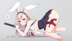 Rule 34 | 1girl, animal ears, ass, azur lane, bare shoulders, black skirt, breasts, brown eyes, closed mouth, crop top, cropped legs, foley anden, grey background, gun, hairband, handgun, heart, highres, holding, holding sword, holding weapon, katana, long hair, looking at viewer, nipples, pleated skirt, rabbit ears, revolver, shimakaze (azur lane), short eyebrows, simple background, skirt, small breasts, smile, solo, spoken heart, sword, tareme, thick eyebrows, thigh strap, top-down bottom-up, weapon, white hair