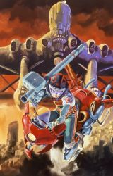 Rule 34 | 1980s (style), 1boy, absurdres, aircraft, black hair, bodysuit, building, cannon, city, cityscape, cloud, gloves, glowing, glowing eyes, helmet, highres, holding, holding weapon, looking at viewer, machinery, male focus, mecha, motor vehicle, motorcycle, official art, oldschool, pilot suit, retro artstyle, riding, robot, rocket launcher, science fiction, seno hiro, sky, solo, spacecraft, spacesuit, traditional media, venus senki, weapon, yasuhiko yoshikazu