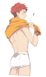 Rule 34 | 1boy, ass, blush, boxer briefs, facing away, from behind, high speed!, male focus, male underwear, musical note, ookiidesunone, red hair, shiina asahi, simple background, solo, sweat, tagme, towel, towel around neck, underwear, white background