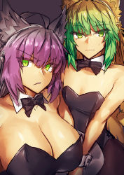 Rule 34 | 2girls, ahoge, animal ears, atalanta (fate), atalanta alter (fate), bare shoulders, black leotard, black neckwear, blonde hair, bow, bowtie, breasts, cat ears, cleavage, detached collar, dual persona, fate/apocrypha, fate (series), gradient hair, green eyes, green hair, highres, large breasts, leotard, long hair, looking at viewer, melon22, multicolored hair, multiple girls, parted lips, purple background, purple hair, simple background, small breasts, sweatdrop, tray, wrist cuffs