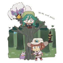 Rule 34 | 1boy, 1girl, bebe 0620, black footwear, blush stickers, boots, border, bright pupils, brown eyes, brown hair, brown mittens, closed mouth, commentary request, creatures (company), day, eyelashes, fur hat, game freak, gen 6 pokemon, goomy, grass, green eyes, green hair, green headwear, hat, hide and seek, hisuian braviary, jacket, kleavor, lian (pokemon), long hair, long sleeves, mittens, nintendo, outdoors, pokemon, pokemon (creature), pokemon legends: arceus, sabi (pokemon), short hair, smile, standing, tree, twintails, white border, white pupils