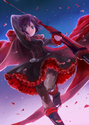 Rule 34 | 1girl, corset, dress, from below, gothic lolita, grey pantyhose, lolita fashion, pantyhose, petals, rose petals, ruby rose, rwby, scythe, solo, standing, standing on one leg