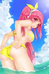 Rule 34 | 1girl, absurdres, adjusting clothes, adjusting swimsuit, ass, bemani, bikini, blush, breasts, from behind, hair ribbon, highres, katoma, large breasts, long hair, looking back, ocean, parted lips, pink eyes, pink hair, ponytail, rasis, ribbon, soaking feet, solo, sound voltex, sound voltex ii infinite infection, swimsuit, wading, water, yellow bikini