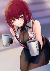 Rule 34 | 1girl, absurdres, bare arms, black skirt, blurry, blurry background, bodystocking, breasts, cleavage, commentary request, cup, harusame349, heterochromia, high-waist skirt, highres, holding, holding cup, hololive, houshou marine, houshou marine (businesswoman), jewelry, lanyard, large breasts, leaning forward, looking at viewer, necklace, red eyes, red hair, side slit, skirt, smile, solo, virtual youtuber, yellow eyes