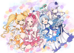 Rule 34 | 4girls, :d, abstract background, black choker, blonde hair, blue bow, blue choker, blue eyes, blue hair, blue skirt, boots, bow, brooch, choker, chypre (heartcatch precure!), closed mouth, coffret (heartcatch precure!), creature, crop top, cure blossom, cure marine, cure moonlight, cure sunshine, earrings, flower, flower earrings, full body, hair bow, hair flower, hair ornament, hanasaki tsubomi, head tilt, heart, heart brooch, heart hair ornament, heartcatch precure!, high ponytail, highres, jewelry, knee boots, kurumi erika, long hair, looking at viewer, magical girl, midriff, multicolored background, multiple girls, myoudouin itsuki, navel, nekozuka (duka nkdk), open mouth, orange bow, orange choker, orange skirt, own hands together, parted bangs, pink bow, pink choker, pink eyes, pink hair, pink skirt, ponytail, potpourri (heartcatch precure!), precure, puffy sleeves, purple flower, purple hair, purple rose, rose, shoes, skirt, smile, thighhighs, tsukikage yuri, twintails, white legwear, wrist cuffs, yellow eyes