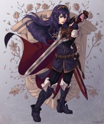Rule 34 | 1girl, armor, blue eyes, blue hair, boots, cape, fingerless gloves, fire emblem, fire emblem awakening, full body, gloves, highres, holding, holding sword, holding weapon, long hair, looking at viewer, lucina (fire emblem), nayuun, nintendo, pauldrons, shoulder armor, smile, solo, sword, weapon