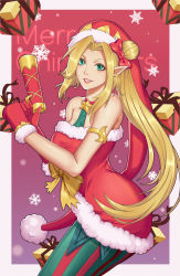 Rule 34 | 1girl, absurdres, alternate costume, ambitious elf jinx, armlet, asymmetrical gloves, bare arms, bare shoulders, blonde hair, border, bow, box, breasts, choker, christmas, christmas tree, curvy, dress, energy gun, fur-trimmed gloves, fur trim, gift, gift box, gloves, gradient background, hair bow, hair bun, hat, highres, jinx (league of legends), league of legends, legs, lipstick, long hair, looking at viewer, makeup, medium breasts, merry christmas, no bra, outside border, pantyhose, pointy ears, ray gun, red bow, red gloves, ribbon, santa dress, santa hat, short dress, side bun, side ponytail, simple background, single hair bun, single side bun, skirt, solo, striped clothes, striped pantyhose, thighhighs, uneven gloves, vertical-striped clothes, vertical-striped pantyhose, very long hair, weapon, white border