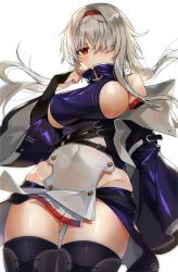 Rule 34 | 1girl, anchor symbol, arm strap, azur lane, bare shoulders, belt, belt buckle, belt collar, black skirt, blue hairband, blush, boots, breasts, buckle, buttons, collar, colorado (azur lane), covered erect nipples, covered navel, cross-laced footwear, detached sleeves, dress, elbow gloves, expressionless, fingerless gloves, gijang, gloves, gluteal fold, grey hair, groin, hair over one eye, hairband, hand up, highres, hip focus, jacket, lace-up boots, large breasts, long hair, looking at viewer, multiple straps, open mouth, pelvic curtain, red eyes, sideboob, sidelocks, simple background, skindentation, skirt, sleeveless, sleeveless dress, solo, thigh boots, thighhighs, thighs, white background, wide sleeves