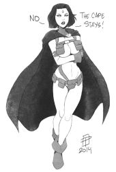 Rule 34 | 10s, 1girl, 2014, ankle boots, belt, boots, breasts, call me po, callmepo, cape, cleavage, cosplay, crossed arms, dc comics, forehead jewel, gloves, greyscale, harness, kill la kill, large breasts, lips, monochrome, nudist beach uniform, raven (dc), short hair, solo, teen titans, thigh gap, underboob, utility belt