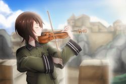 Rule 34 | 1girl, blurry, blurry background, bow (music), brown hair, day, drawfag, closed eyes, highres, instrument, long sleeves, military, military uniform, music, outdoors, playing instrument, short hair, solo, sora no woto, sorami kanata, standing, uniform