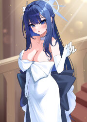 1girl 82jhin absurdres bare_shoulders blue_archive blue_eyes blue_hair blue_halo blurry blurry_background blush braid breasts choker cleavage colored_inner_hair commentary_request dress earrings elbow_gloves gloves hair_ornament halo highres jewelry large_breasts long_hair multicolored_hair official_alternate_costume open_mouth saori_(blue_archive) saori_(dress)_(blue_archive) solo strapless strapless_dress white_choker white_dress white_gloves