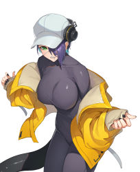 Rule 34 | 1girl, arknights, asbestos (arknights), black bodysuit, bodysuit, breasts, duplicate, green eyes, hair over one eye, hat, highres, jacket, jason kim, large breasts, mouth hold, purple hair, short hair, simple background, slit pupils, solo, tail, white background, white hat, yellow jacket