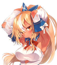 Rule 34 | 1girl, absurdres, armpits, arms up, blonde hair, blue ribbon, blush, bow, bowtie, breasts, brown eyes, commentary request, dark-skinned female, dark skin, deany, detached sleeves, highres, hololive, large breasts, long hair, long sleeves, looking at viewer, mouth hold, multicolored hair, ponytail, red bow, red bowtie, ribbon, ribbon in mouth, shiranui flare, shiranui flare (1st costume), shirt, simple background, sleeveless, sleeveless shirt, solo, streaked hair, tying hair, virtual youtuber, white background, white hair, white shirt