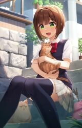 Rule 34 | 1girl, :d, animal, bag, birthday, black thighhighs, blue sweater vest, blush, bob cut, bow, bowtie, breasts, brown hair, bush, cat, cat teaser, commentary, dated, dress shirt, fang, foliage, grass, green eyes, grey skirt, happy, happy birthday, highres, holding, holding animal, holding cat, house, idolmaster, idolmaster cinderella girls, kurageso, looking ahead, maekawa miku, multiple cats, on stairs, open mouth, orange cat, outdoors, petting, pink bag, plant, pleated skirt, potted plant, red bow, red bowtie, school uniform, shirt, short hair, short sleeves, sitting, sitting on stairs, skirt, small breasts, smile, solo, stairs, stone wall, sweater vest, thighhighs, wall, white cat, white shirt, wooden wall