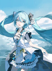 1girl aqua_eyes aqua_hair bow brooch checkered_bow checkered_clothes checkered_ribbon checkered_vest chinese_commentary cloud cloudy_sky commentary_request cowboy_shot frilled_skirt frilled_vest frills hatsune_miku highres jewelry looking_at_viewer more_more_jump!_miku myth1944 ocean open_mouth project_sekai sea_spray skirt sky solo sparkle_hair_ornament star_brooch vest vocaloid