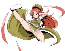Rule 34 | 1girl, afolo, bad id, bad pixiv id, blue eyes, chinese clothes, hat, high kick, hong meiling, kicking, long hair, panties, red hair, simple background, solo, spread legs, star (symbol), touhou, underwear, white background