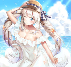 Rule 34 | 1girl, ;), bare shoulders, beach, blue eyes, blurry, blurry background, bow, breasts, cleavage, cloud, collarbone, covered navel, day, dress, fate/grand order, fate (series), floating hair, hand on headwear, hat, hat bow, hat ribbon, highres, kian, large breasts, long hair, looking at viewer, marie antoinette (fate), marie antoinette (swimsuit caster) (second ascension) (fate), medium breasts, ocean, off-shoulder dress, off shoulder, one eye closed, outdoors, ribbon, shiny skin, silver hair, sleeveless, sleeveless dress, smile, solo, straw hat, striped bow, striped ribbon, sundress, sunlight, very long hair, white dress, yellow hat