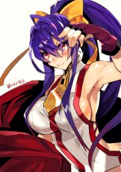 Rule 34 | 1girl, antenna hair, arm up, armpits, backless outfit, blazblue, blazblue: central fiction, blazblue variable heart, blue hair, bow, breasts, fingerless gloves, frown, genderswap, genderswap (mtf), gloves, hair between eyes, hair bow, hyakuhachi (over3), large breasts, long hair, mai natsume, no bra, no panties, ponytail, red eyes, ribbon, sideboob, sidelocks, solo, upper body, very long hair, yellow bow