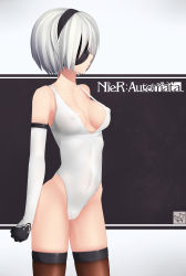 Rule 34 | 1girl, blindfold, breasts, brown thighhighs, cameltoe, cleavage, copyright name, covered erect nipples, covered navel, cowboy shot, elbow gloves, from side, gloves, hairband, highres, leotard, lips, medium breasts, nier (series), nier:automata, short hair, solo, strap gap, thighhighs, twt, white hair, white leotard, 2b (nier:automata)