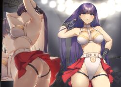 Rule 34 | 1girl, armpits, arms behind head, arms up, ass, bare shoulders, blue eyes, blunt bangs, blush, breasts, cleavage, earrings, fate/grand order, fate (series), jewelry, large breasts, long hair, looking at viewer, martha (fate), martha (holy maiden&#039;s teaching) (fate), multiple views, navel, open mouth, pinta (ayashii bochi), purple hair, thigh strap, thighs